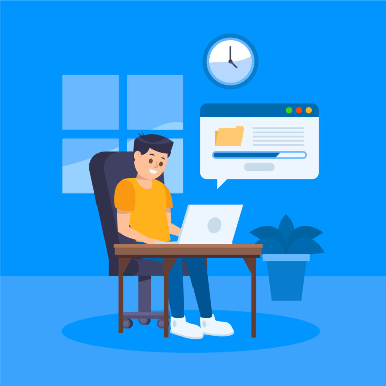 Ilustración de una persona usando su laptop para trabajar desde cualquier lugar