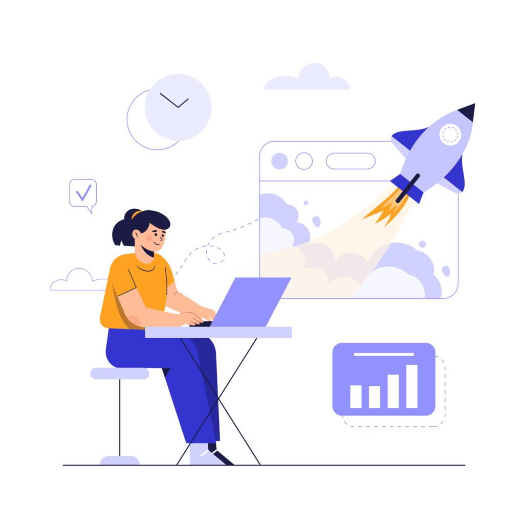 Ilustración de una mujer joven iniciando su emprendimiento digital usando su laptop