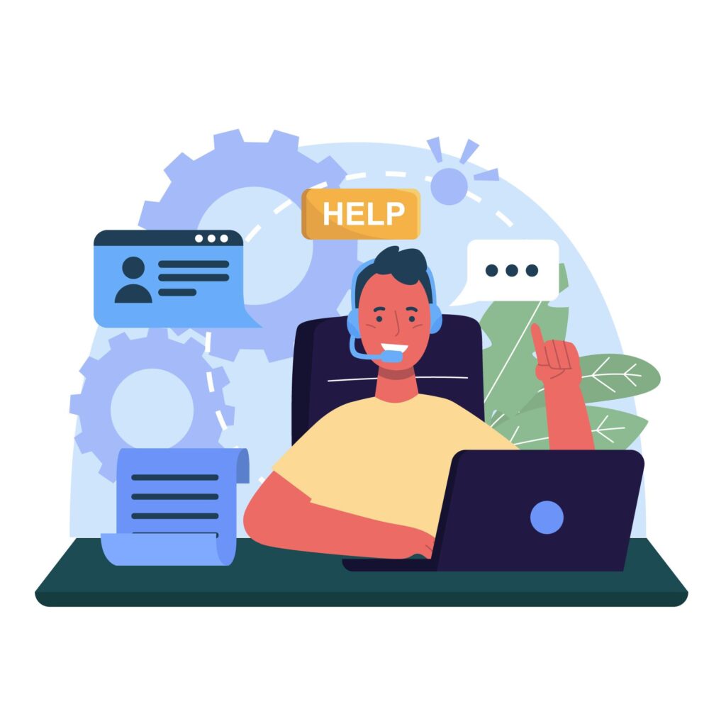 Ilustración de una persona atendiendo consultas técnicas a través de computadora o auriculares, representando soporte técnico al cliente