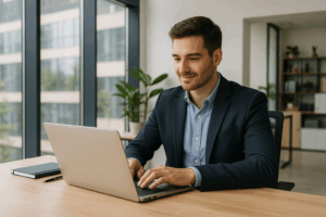 emprendedor digital trabajando desde una oficina moderna