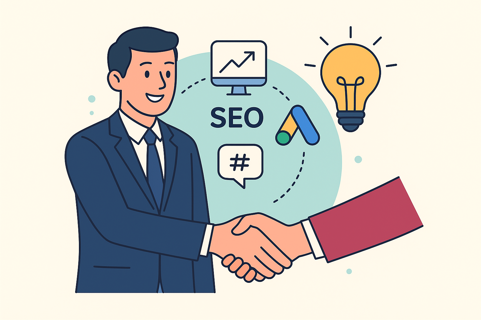 Profesional dando la mano a un socio con iconos de SEO, Google Ads y redes sociales, simbolizando cómo ofrecer SEO, Google Ads y redes sociales como revendedor con respaldo experto.