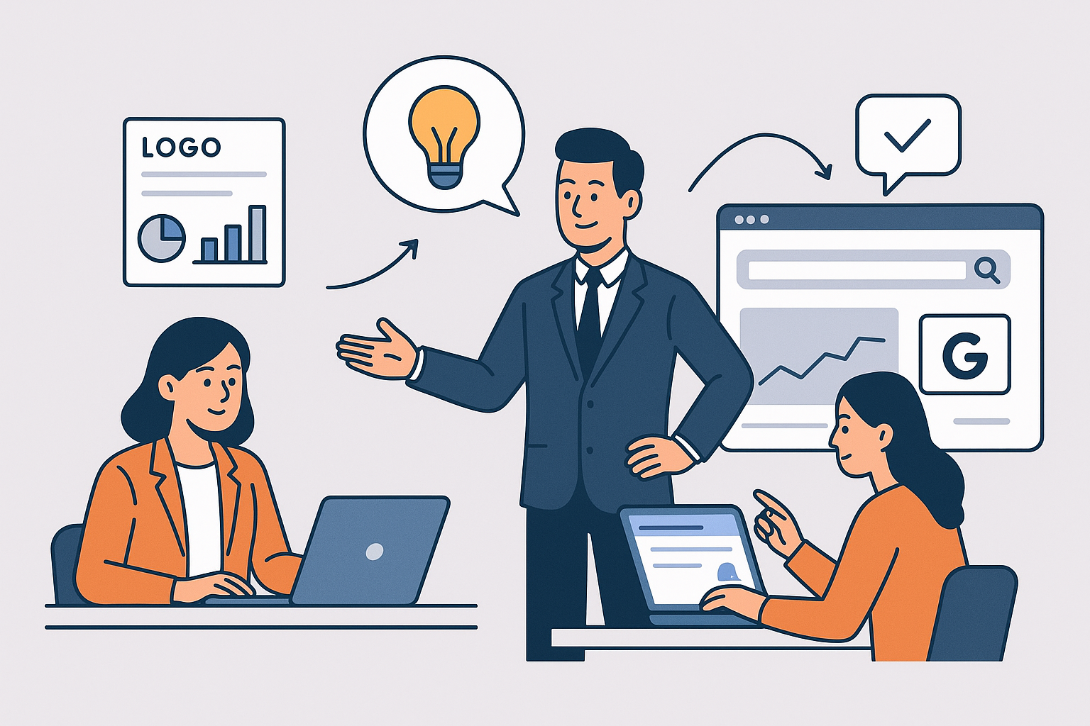 Ilustración de un revendedor mostrando reportes y estrategias de SEO, Google Ads y redes sociales con su marca, mientras un equipo externo realiza el trabajo.