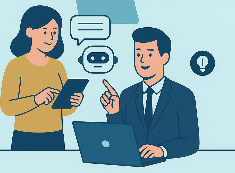 Ilustración sobre los servicios más buscados por las pymes en 2025, mostrando la inteligencia artificial aplicada en chatbots, análisis de datos y generación de textos.