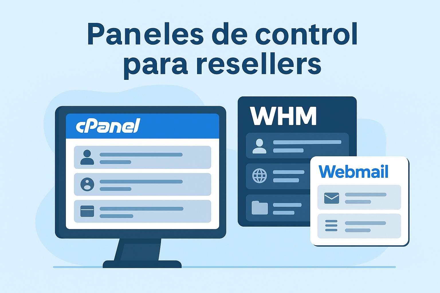 Paneles de control para resellers con cPanel, WHM y Webmail representados en ilustración digital.