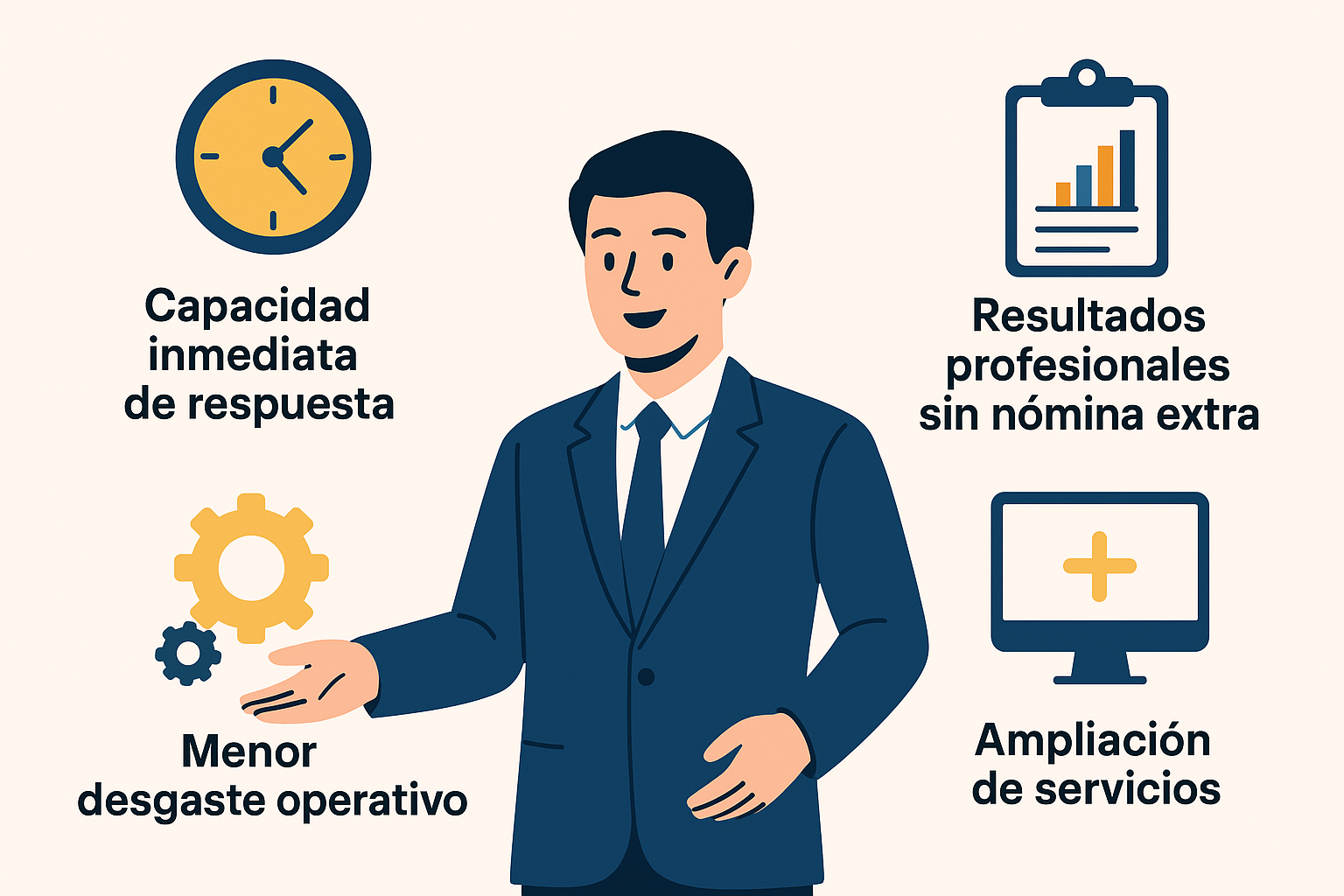 Infografía con profesional y cuatro íconos representando las ventajas de cómo ofrecer SEO, Google Ads y redes sociales como revendedor.