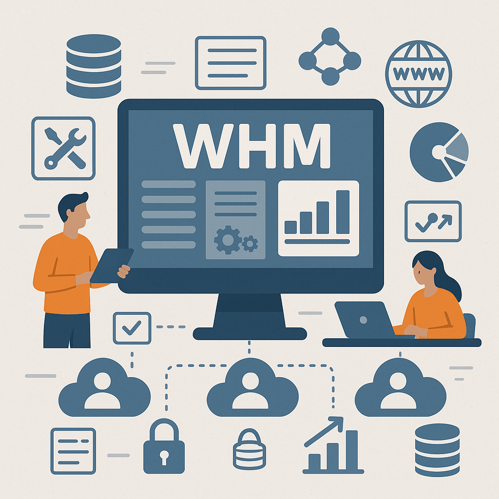Representación visual de WHM como panel de control para resellers, con íconos de administración de cuentas, seguridad, recursos y escalabilidad.