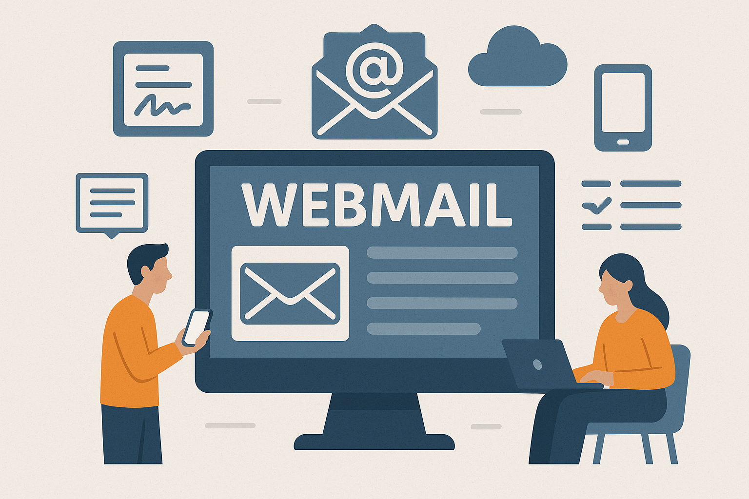 Representación de paneles de control para resellers con Webmail, incluyendo íconos de correo, nube y dispositivos móviles para gestión de cuentas.