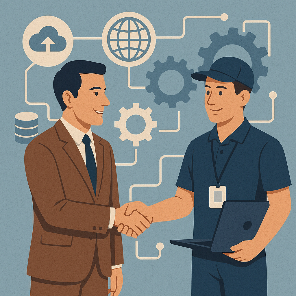 Empresario y aliado tecnológico dándose la mano, reflejando los servicios más buscados por las pymes en 2025.