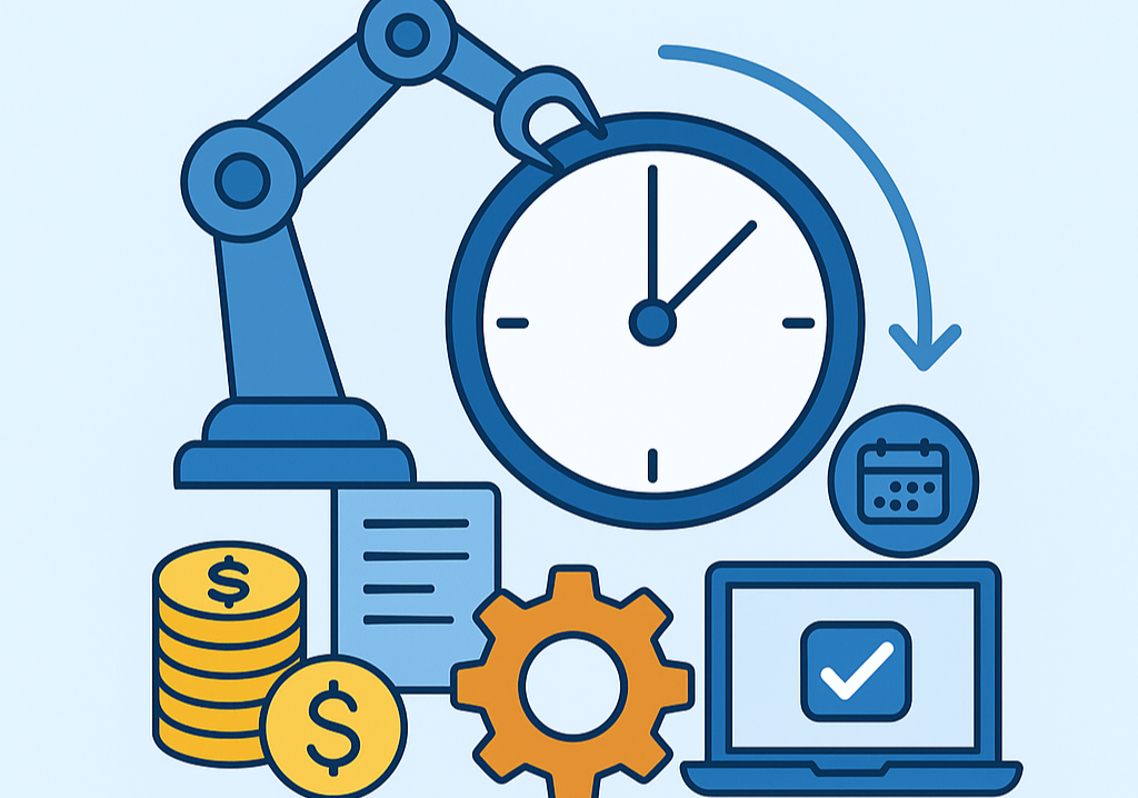 Ilustración sobre automatización empresarial: facturación automática, flujos internos y generación de reportes para optimizar tiempo — servicios mas buscados por las pymes en 2025