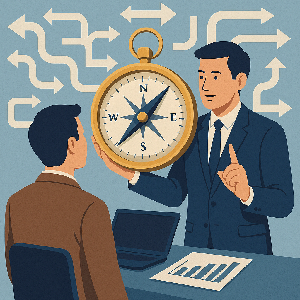 onsultoría estratégica representada como brújula para los servicios más buscados por las pymes en 2025.