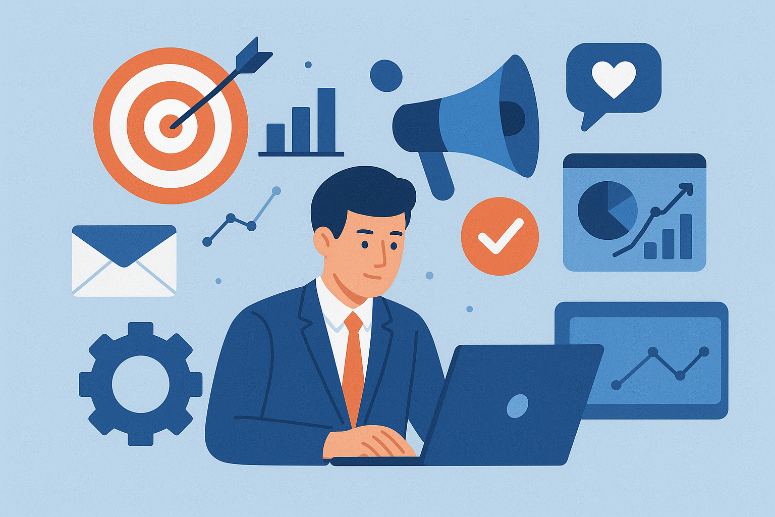 Ilustración sobre marketing digital con propósito: campañas segmentadas, email marketing automatizado y análisis de métricas — servicios mas buscados por las pymes en 2025