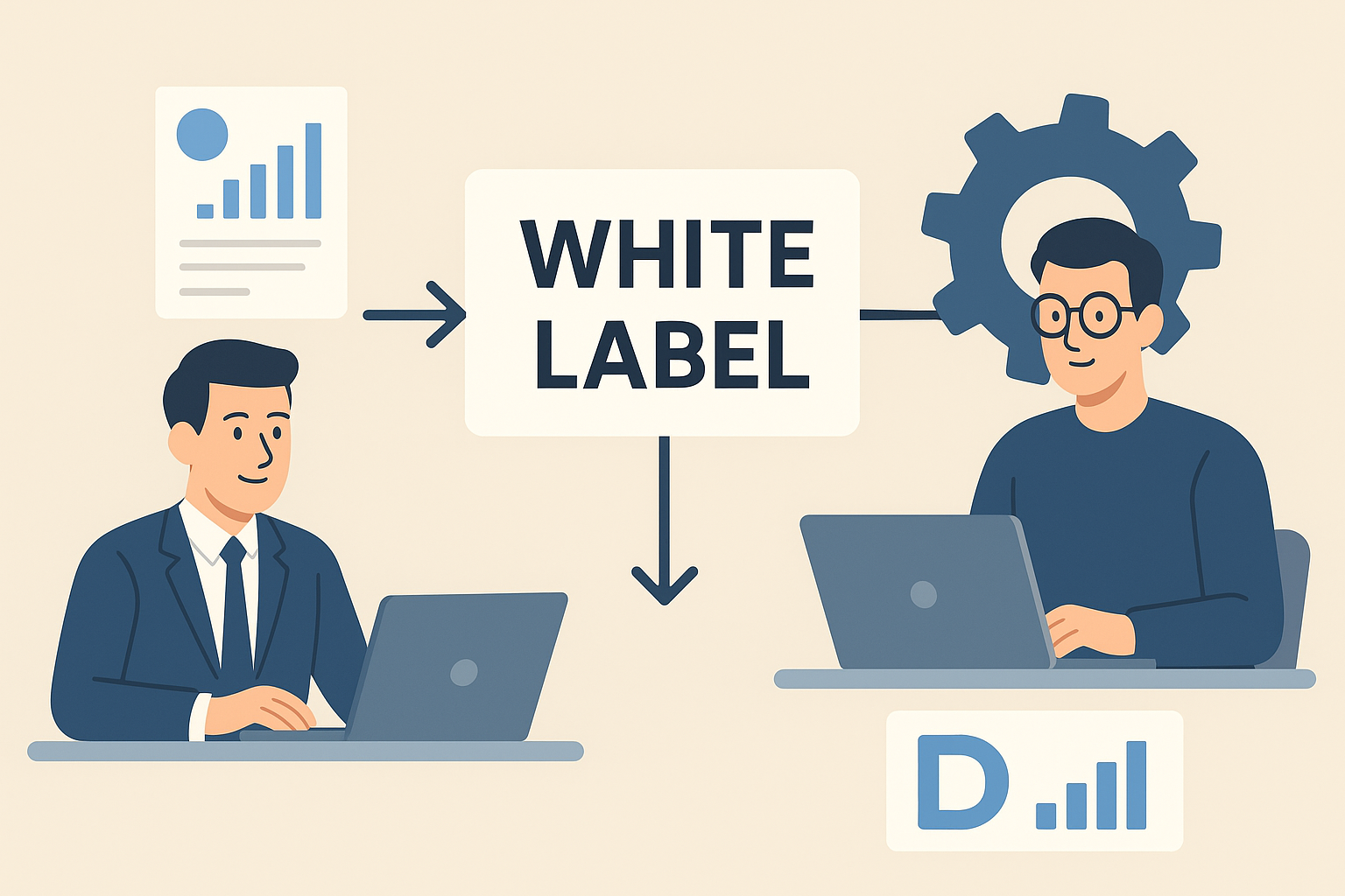 Representación de marketing digital white label mostrando colaboración entre equipos y externalización de servicios digitales