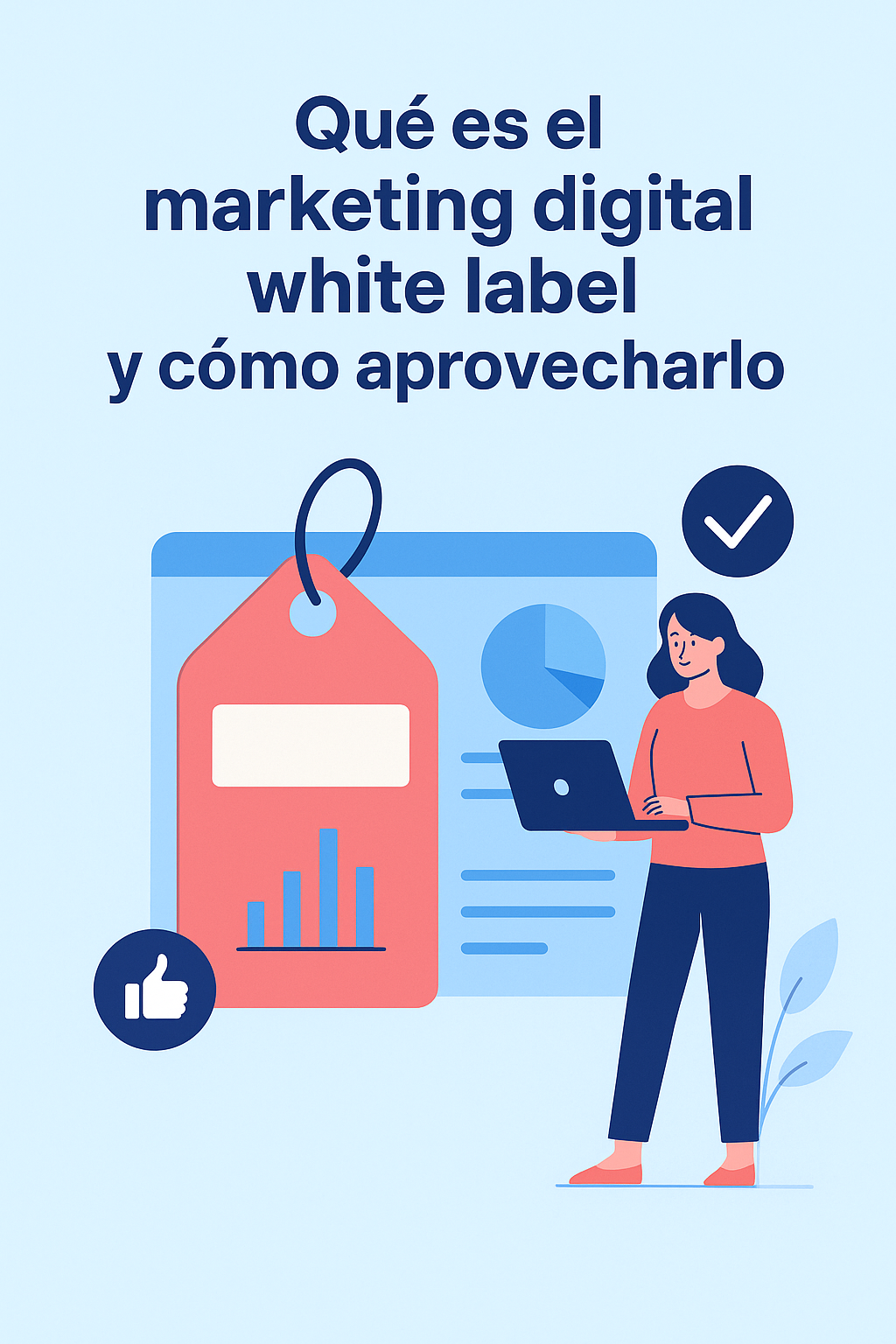 Ilustración de una persona usando computadora con gráficos y etiquetas, representando estrategias de marketing digital white label.