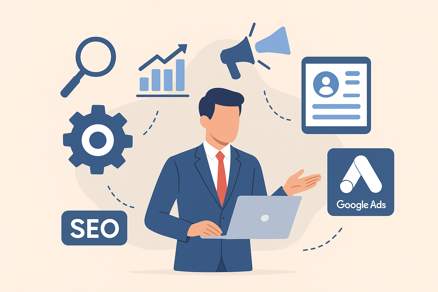 Profesional de marketing digital mostrando iconos de SEO, Google Ads y redes sociales, representando cómo ofrecer SEO, Google Ads y redes sociales como revendedor.