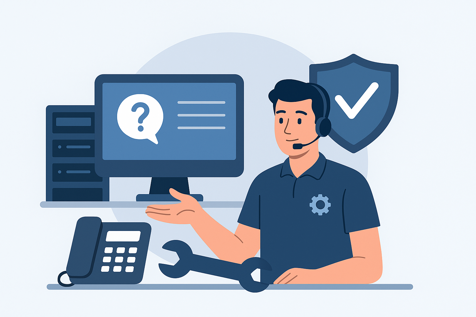 Ilustración sobre soporte técnico integral con administración de servidores, configuración de redes, mantenimiento preventivo y respuesta rápida — servicios mas buscados por las pymes en 2025