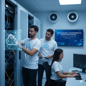 Equipo técnico instalando un sistema en la nube