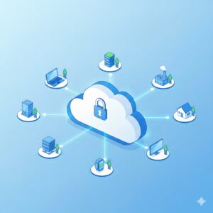 Ilustración de red en la nube interconectando equipos y usuarios