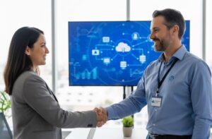 Cliente estrechando la mano de un experto en soluciones cloud