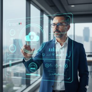 Empresario monitoreando respaldos en un panel cloud