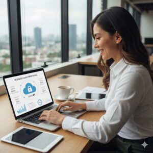 Empresaria en México usando laptop con servicio de respaldo cloud