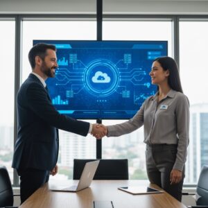 Cliente y proveedor de servicios cloud sellando alianza profesional