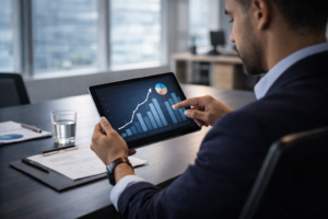 Empresario analizando crecimiento de ingresos digitales en tablet