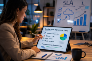 Consultor revisando acuerdo de nivel de servicio en laptop