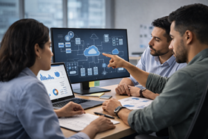 Equipo técnico colaborando en solución cloud empresarial