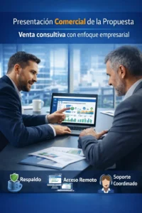 consultor presentando propuesta de infraestructura a cliente empresarial en oficina moderna