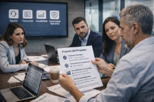 equipo comercial y técnico evaluando proveedor para negocio de hosting