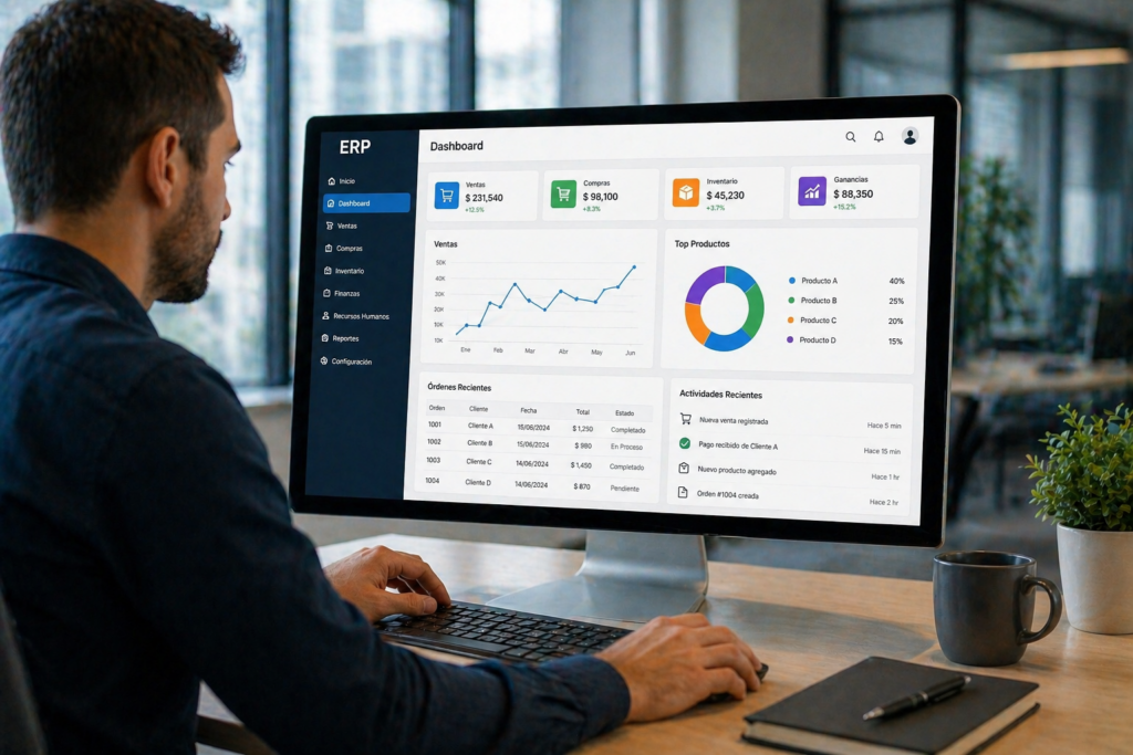 empresa usando ERP computadora analisis datos negocio
