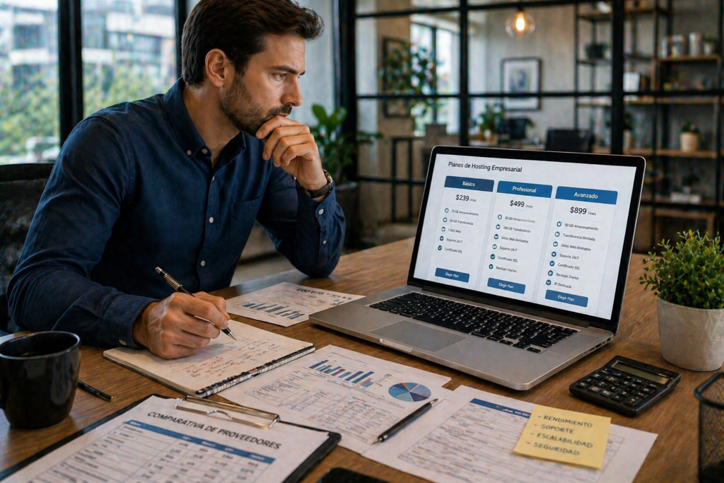 empresario analizando costos hosting computadora decision negocio