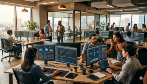 Equipo tecnológico gestionando servicios cloud para clientes empresariales