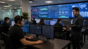 Especialistas supervisando seguridad, soporte y continuidad de servidores cloud